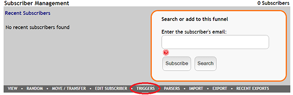 Triggers can be found in the Subscriber Management box in your FeedBlitz Funnel Dashboard.