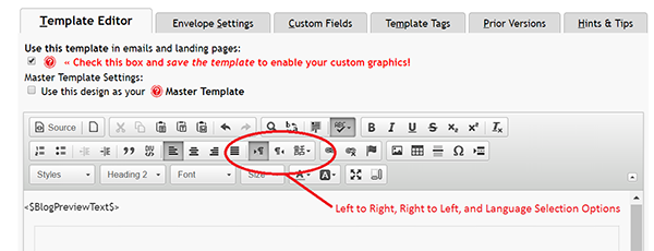 Screenshot of Advanced Template Editor and Icons to change Language