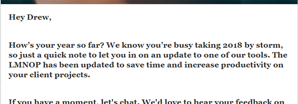 A personalized email to Drew showing his name and a relaxed tone.