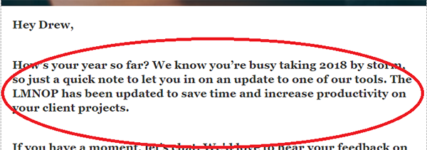 A clip of Drews second email with the content circled in red.