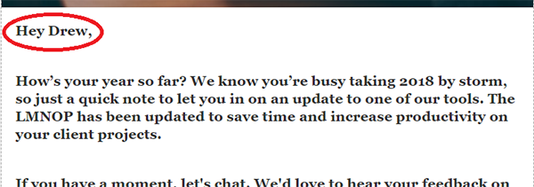 Preview of the second email with Hey Drew circled in red.
